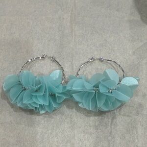 Silver Hoop Earrings with Blue Floral Accents